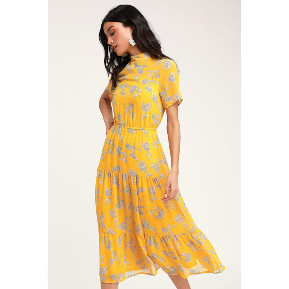 Lulus Floral Dressed Up Mustard Yellow Floral Print Midi Dress - Size XS